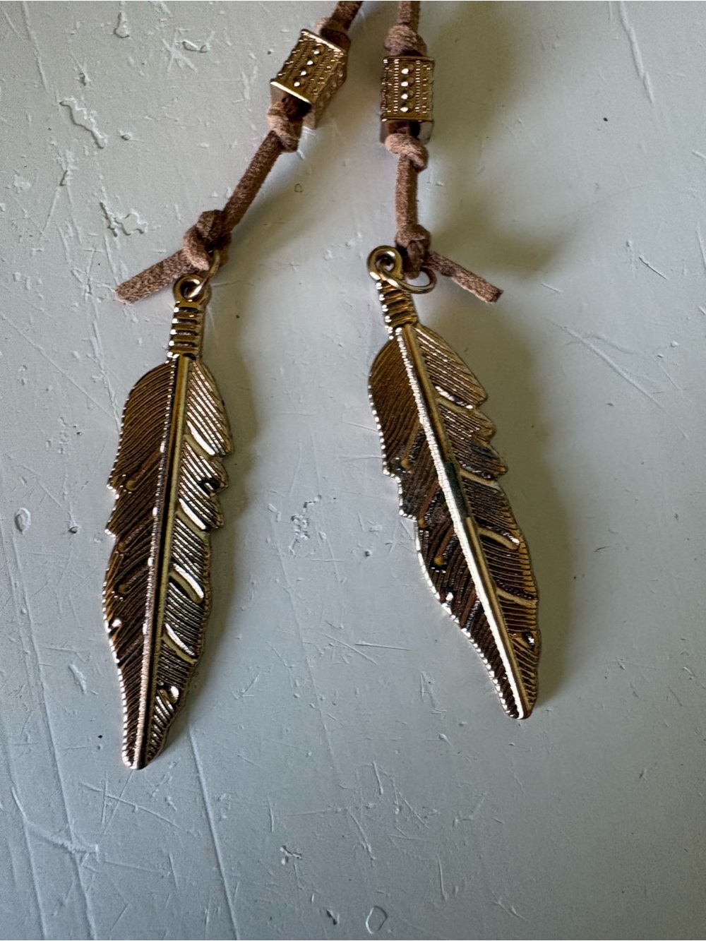 Light Brown Leather Feather Pendant Adjustable Necklace - Picture 3 of 4